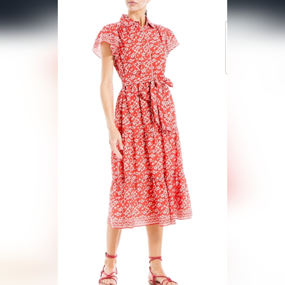 STUNNING MAX STUDIO Floral Tie Front Shirtdress Size Large Red